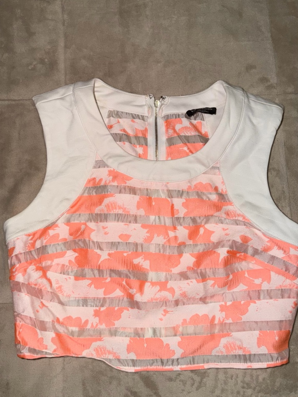 bebe White and Coral Striped Floral Crop Top